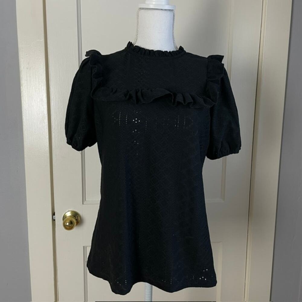 Black Puff Sleeve Eyelet Ruffle Blouse Cottagecore Gothic Romantic Top M